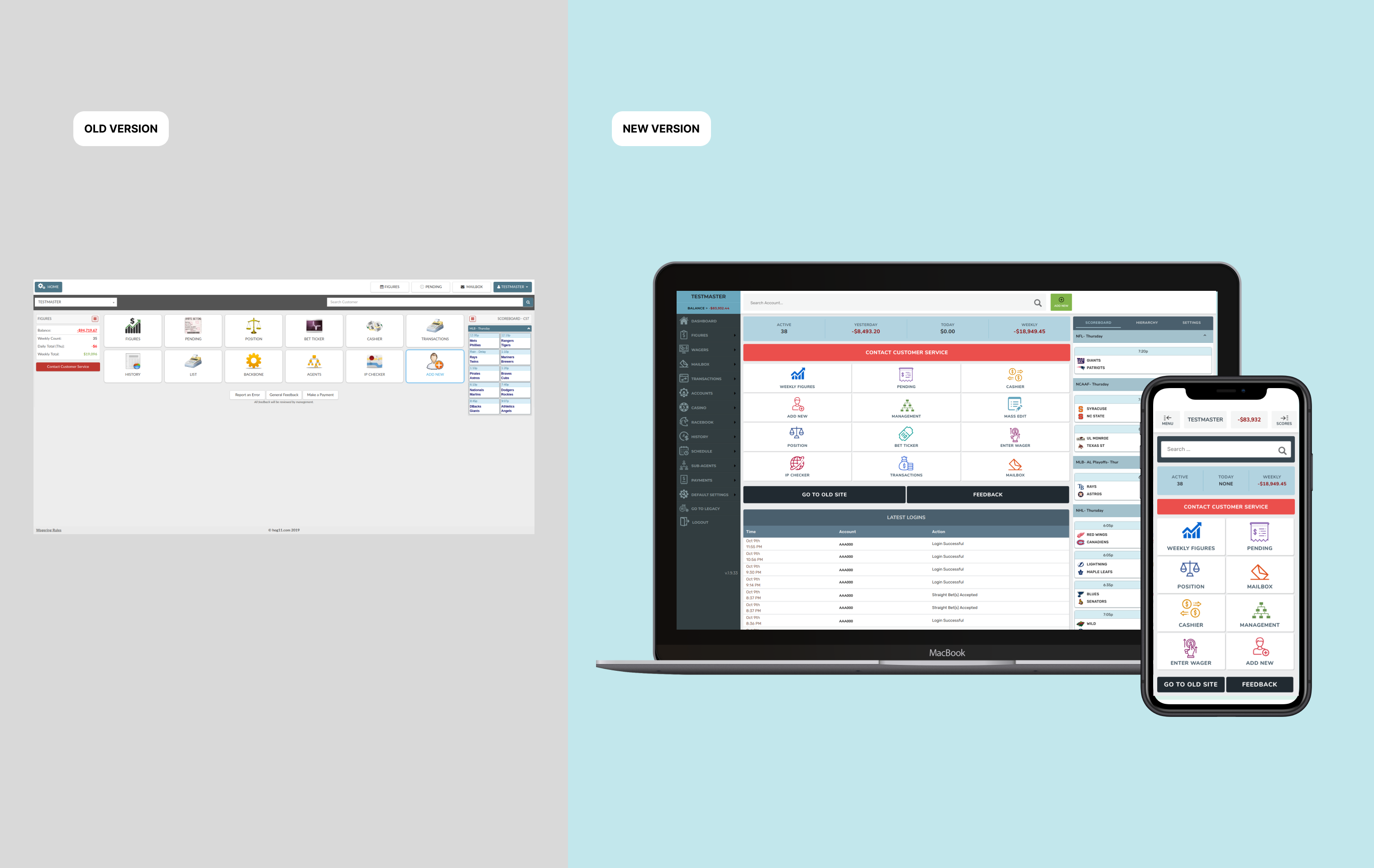 Side-by-side comparison of the legacy Agents Platform interface versus the redesigned version, showing improved visual hierarchy and layout