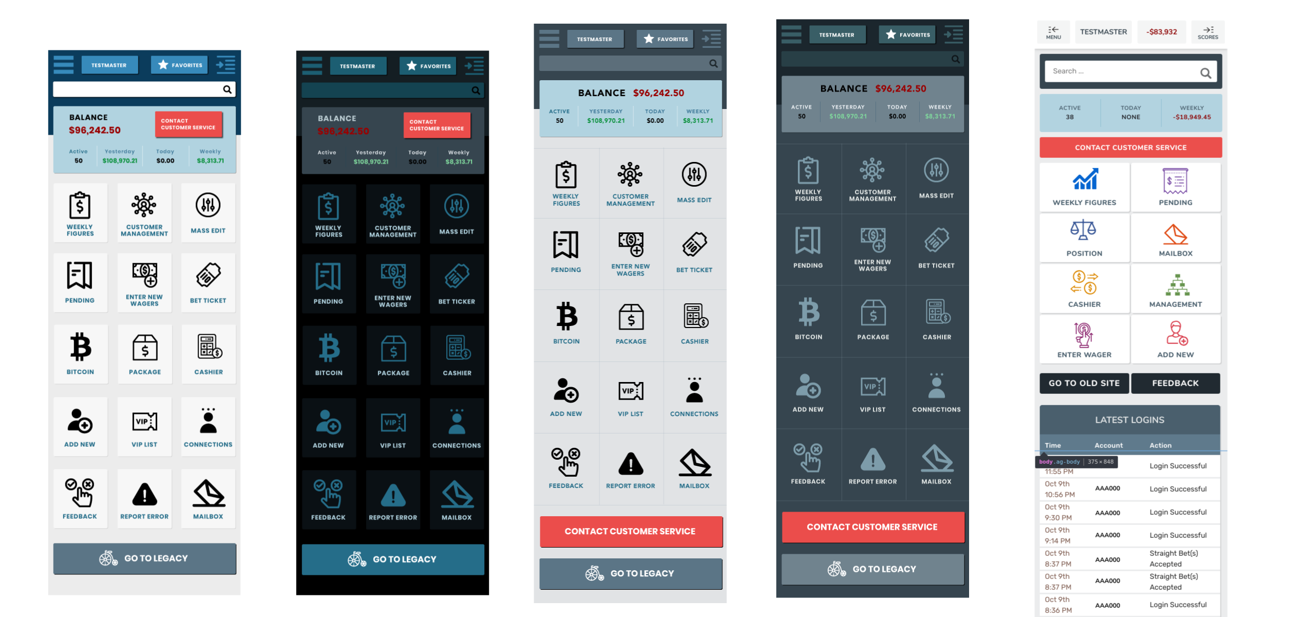 Multiple dashboard views showing case list, case detail, and agent performance screens with consistent component usage