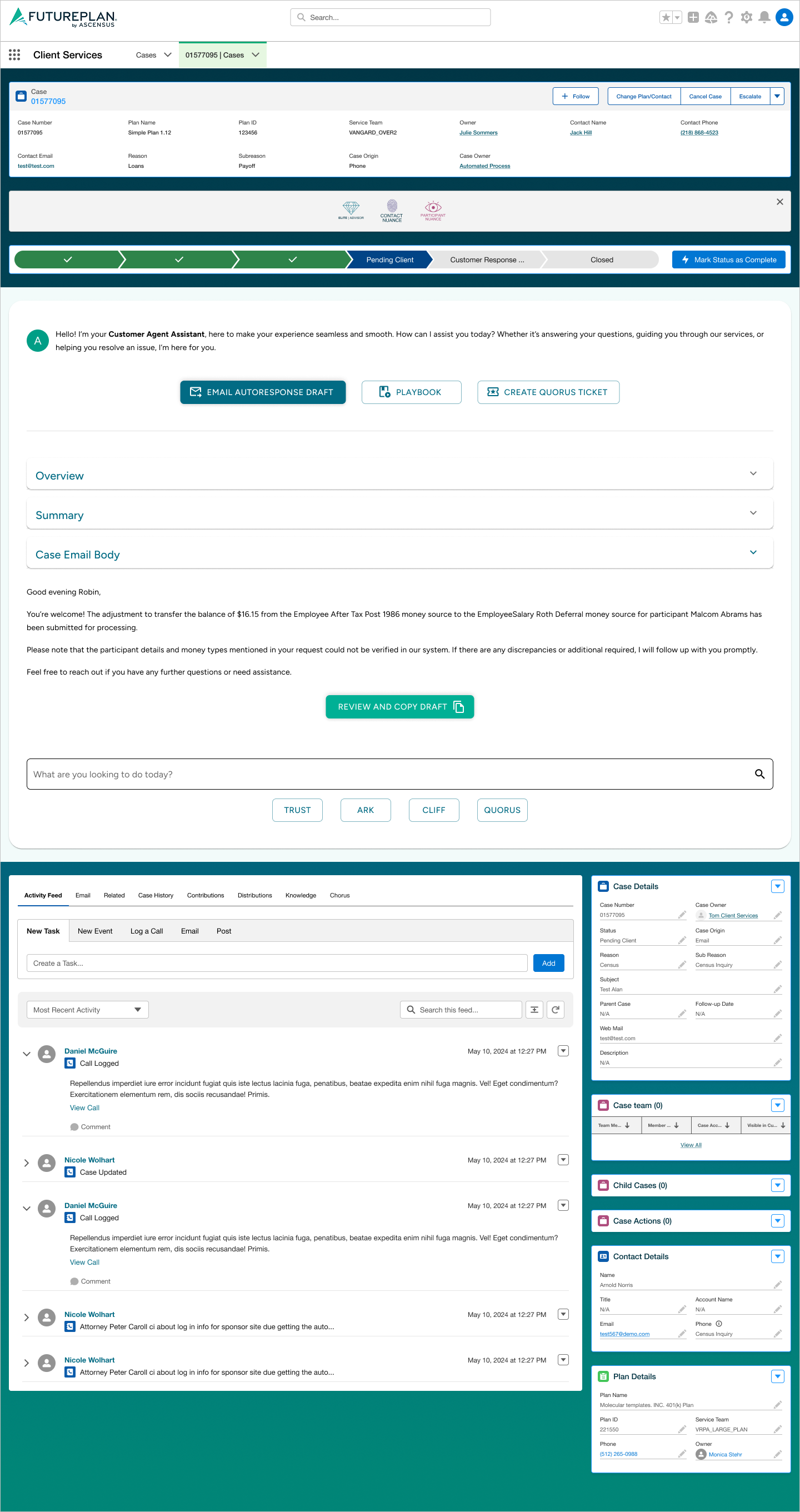 Email Draft Version 3 — clean unified panel with collapsible Overview, Summary, and Case Email Body sections, action buttons for Email Autoresponse Draft, Playbook, and Create Quorus Ticket