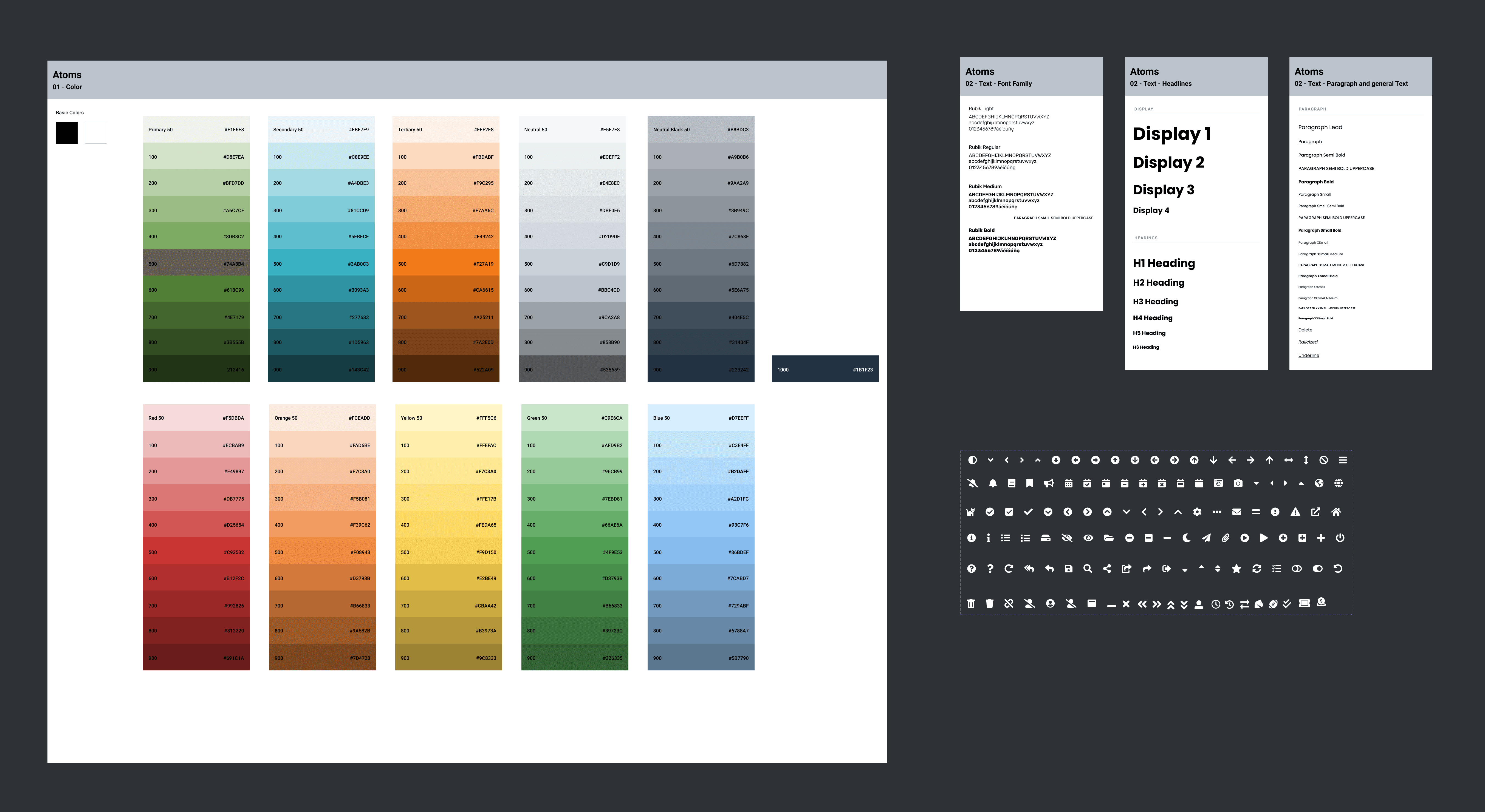 Color foundation showing a multi-scale palette with primary, neutral, and status colors alongside a typography system with display and heading levels
